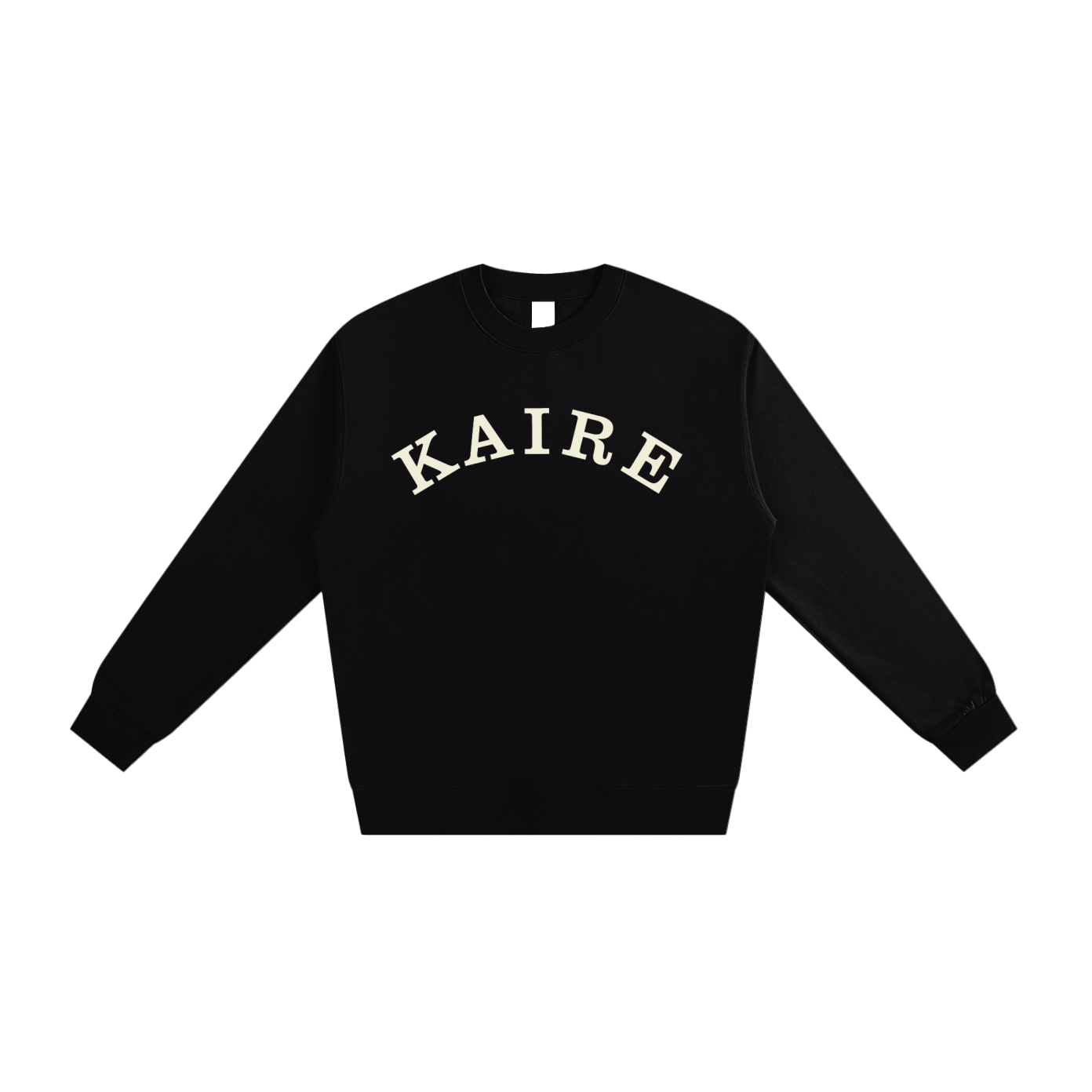 Black sweatshirt with 'KAIRE' text on a white background